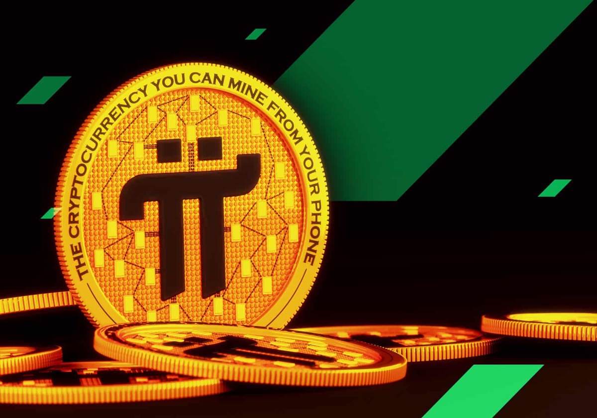 Pi Coin tokens rendered in gold against a dark background with green geometric accents